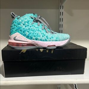 Nike Kids' LEBRON XVII Aqua and Pink High-Top Sneakers